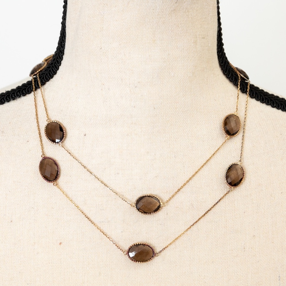 Technibond checkerboard faceted gemstone necklace sterling silver smoky quartz
